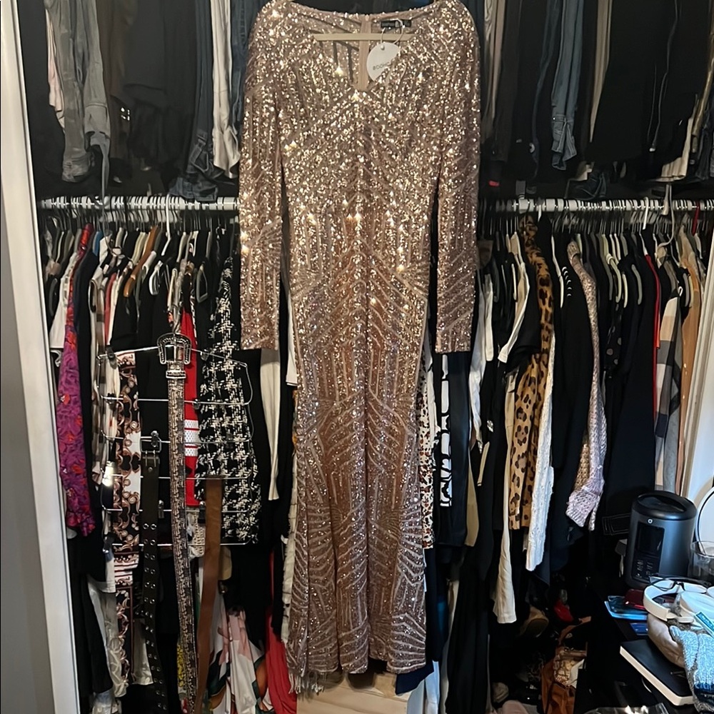 Sequin Long Sleeve Evening Dress - Gold